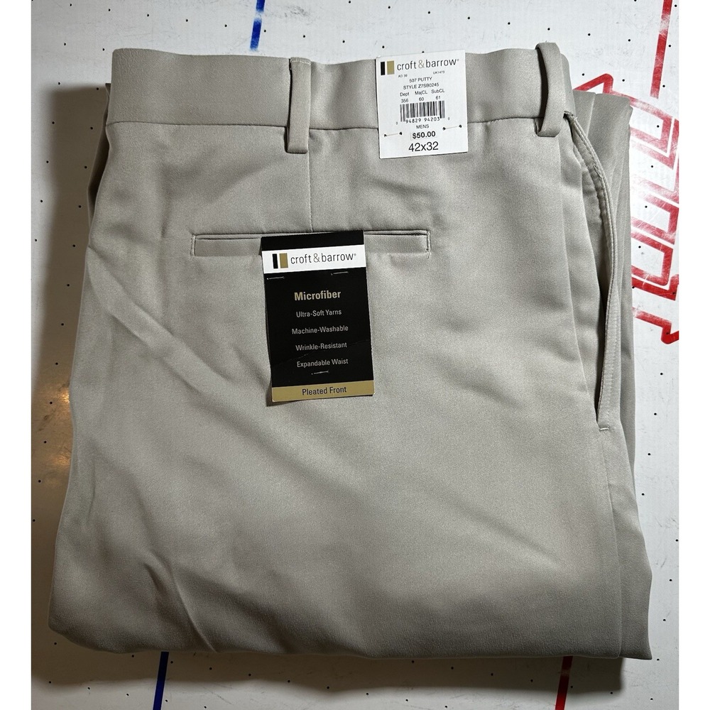 Croft & Barrow Mens 42x32 Dress Pants Putty Pleated Expandable Waist NWT